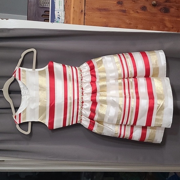 Rare Editions Other - Rare Editions Girls Dress Red Shimmery Gold White Jeweled Zip Christmas 12  EUC